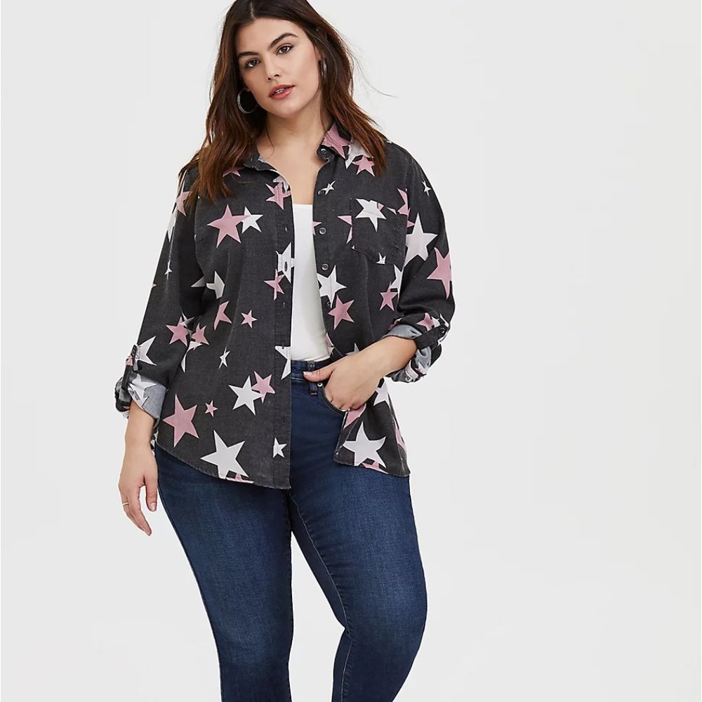 2 for $35 - Torrid Black Burnout Star Button Front Relaxed Fit Shirt